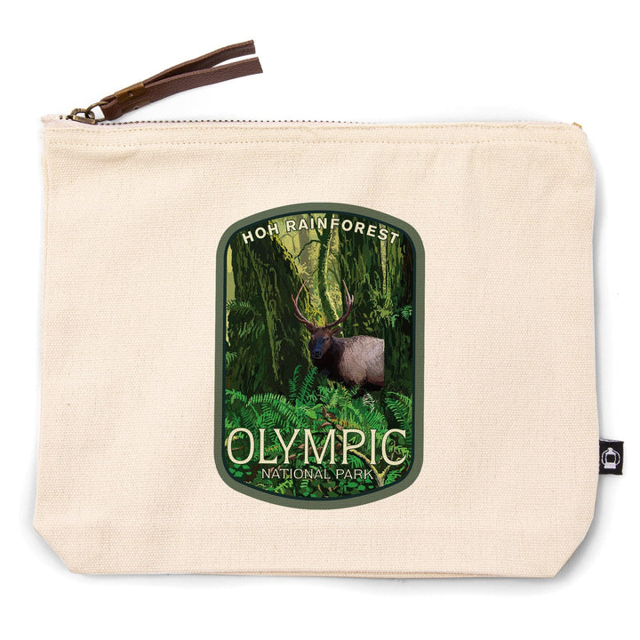 Olympic National Park, Washington, Hoh Rain Forest and Elk,, Organic Cotton Zipper Pouch, Go Bag Go Bag Lantern Press 
