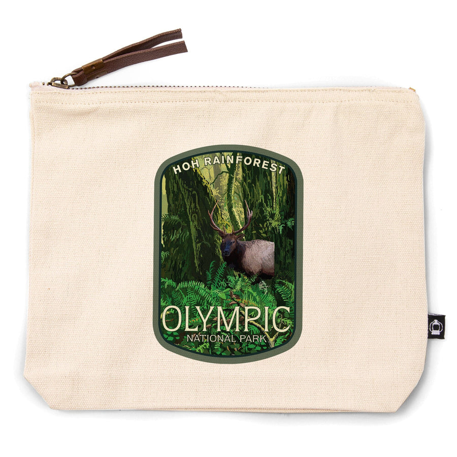 Olympic National Park, Washington, Hoh Rain Forest and Elk,, Organic Cotton Zipper Pouch, Go Bag Go Bag Lantern Press 