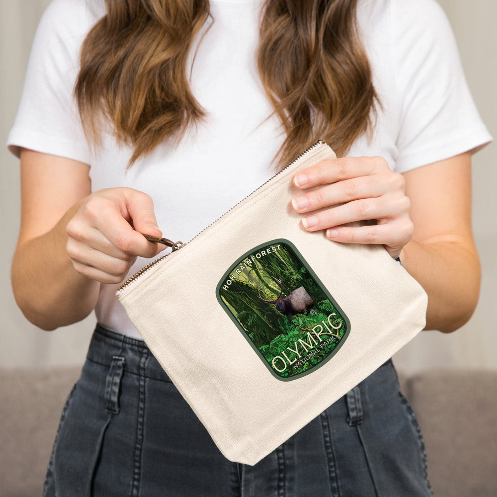 Olympic National Park, Washington, Hoh Rain Forest and Elk,, Organic Cotton Zipper Pouch, Go Bag Go Bag Lantern Press 