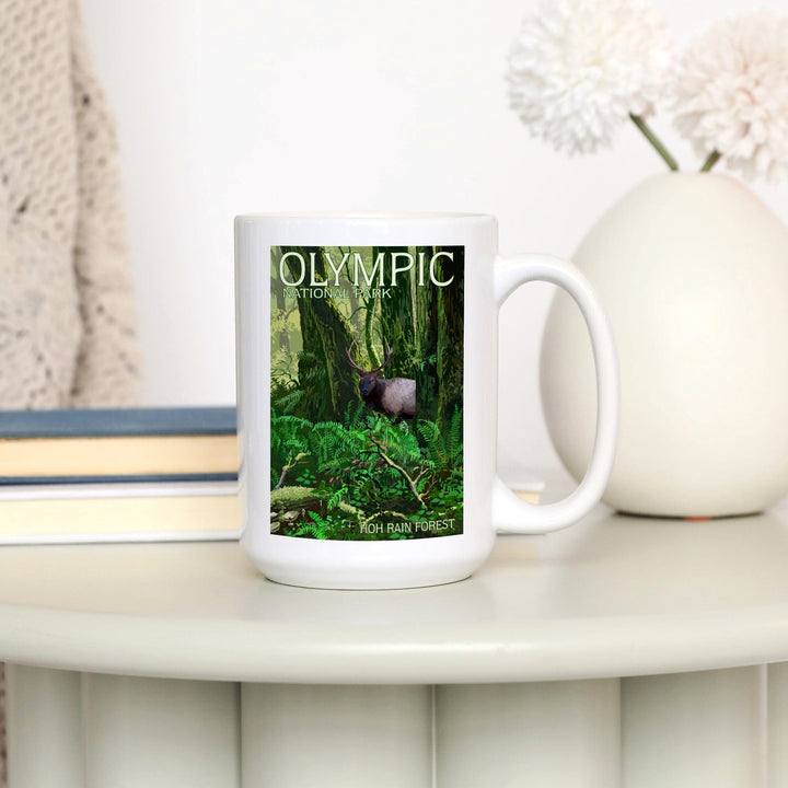 Olympic National Park, Washington, Hoh Rain Forest & Elk, Lantern Press Artwork, Ceramic Mug Mugs Lantern Press 