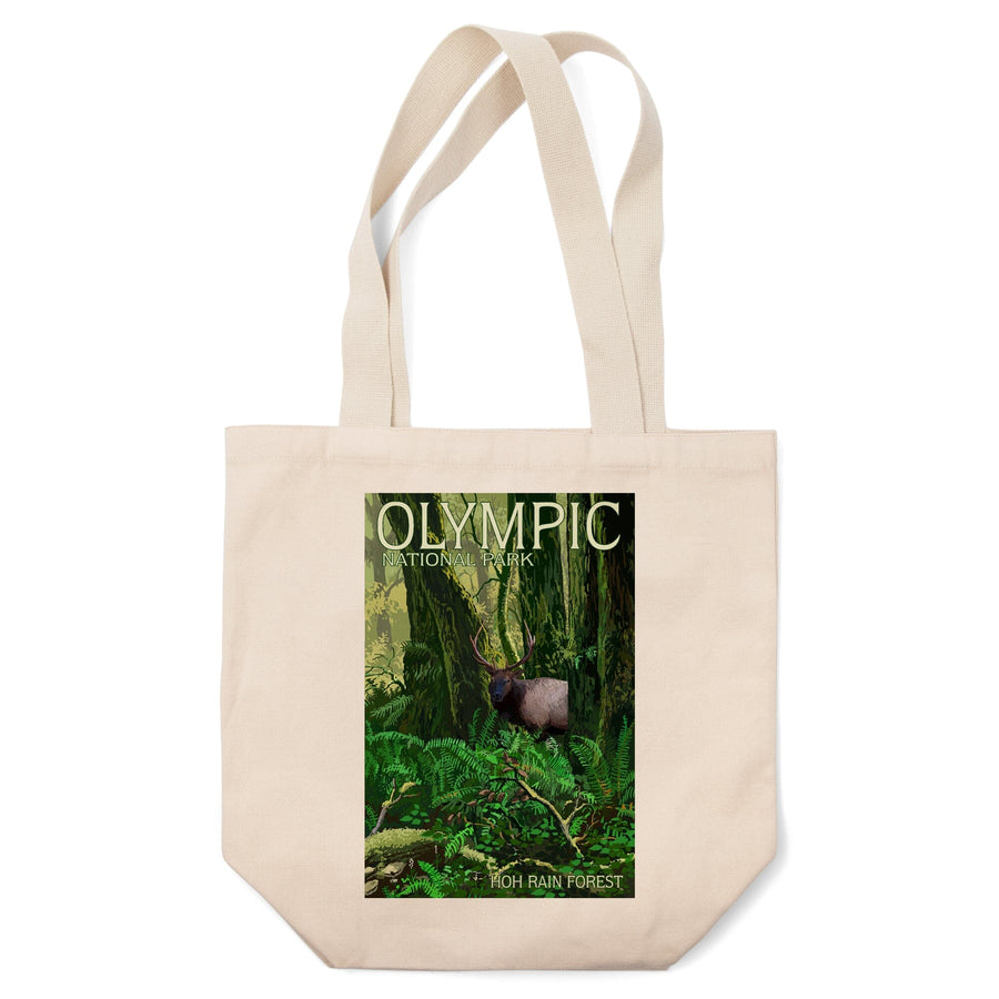 Olympic National Park, Washington, Hoh Rain Forest & Elk, Lantern Press Artwork, Tote Bag Totes Lantern Press 