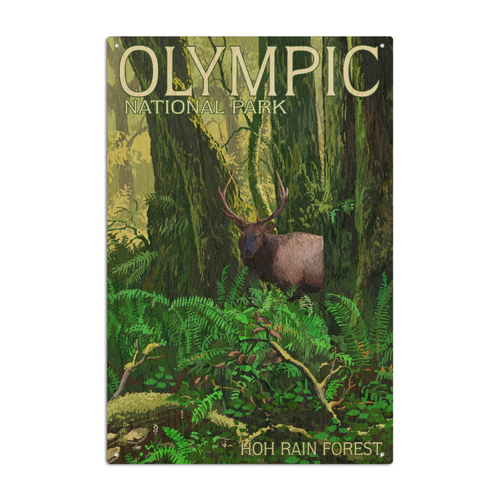 Olympic National Park, Washington, Hoh Rain Forest & Elk, Lantern Press Artwork, Wood Signs and Postcards Wood Lantern Press 10 x 15 Wood Sign 