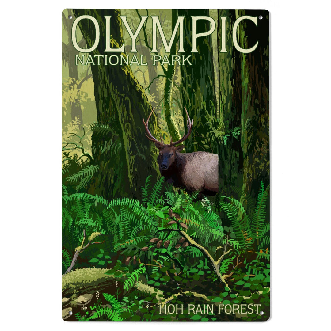 Olympic National Park, Washington, Hoh Rain Forest & Elk, Lantern Press Artwork, Wood Signs and Postcards Wood Lantern Press 