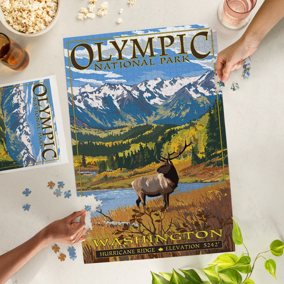 Olympic National Park, Washington, Hurricane Ridge and Elk, Jigsaw Puzzle Puzzle Lantern Press 