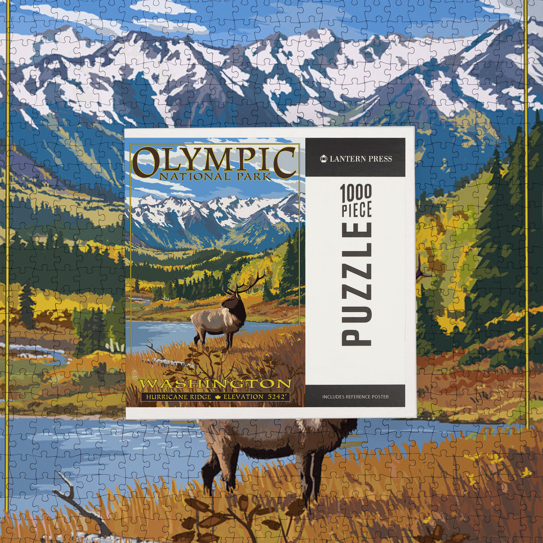 Olympic National Park, Washington, Hurricane Ridge and Elk, Jigsaw Puzzle Puzzle Lantern Press 