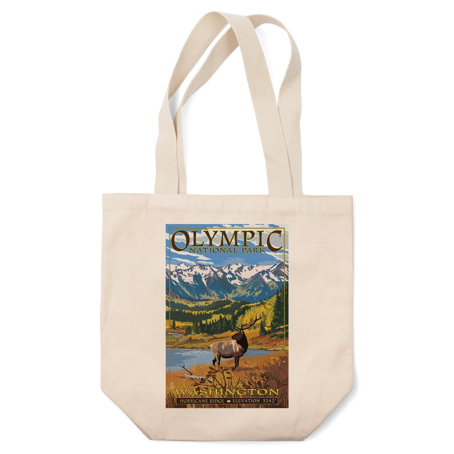 Olympic National Park, Washington, Hurricane Ridge and Elk, Lantern Press Artwork, Tote Bag Totes Lantern Press 