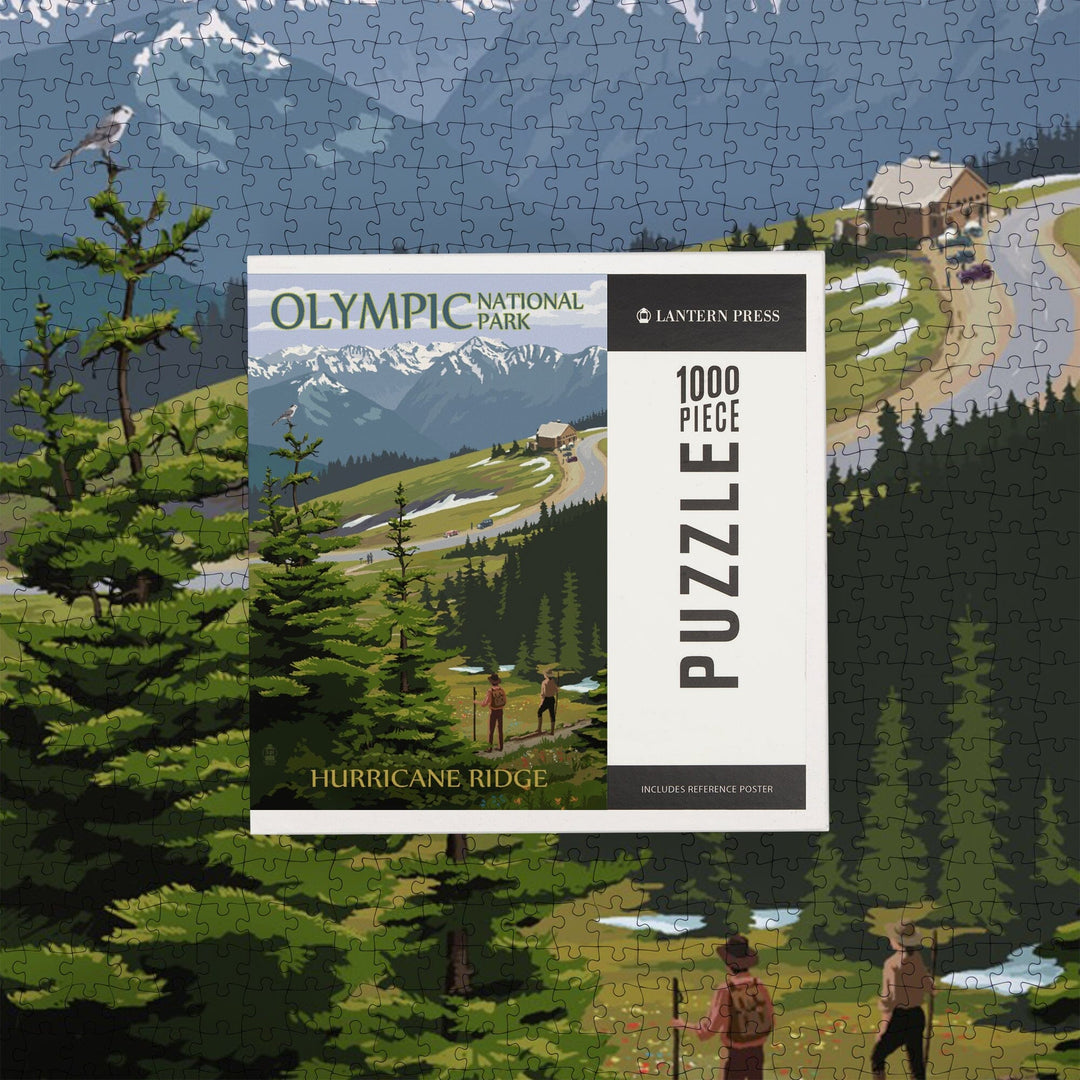 Olympic National Park, Washington, Hurricane Ridge and Hikers Illustration, Jigsaw Puzzle Puzzle Lantern Press 