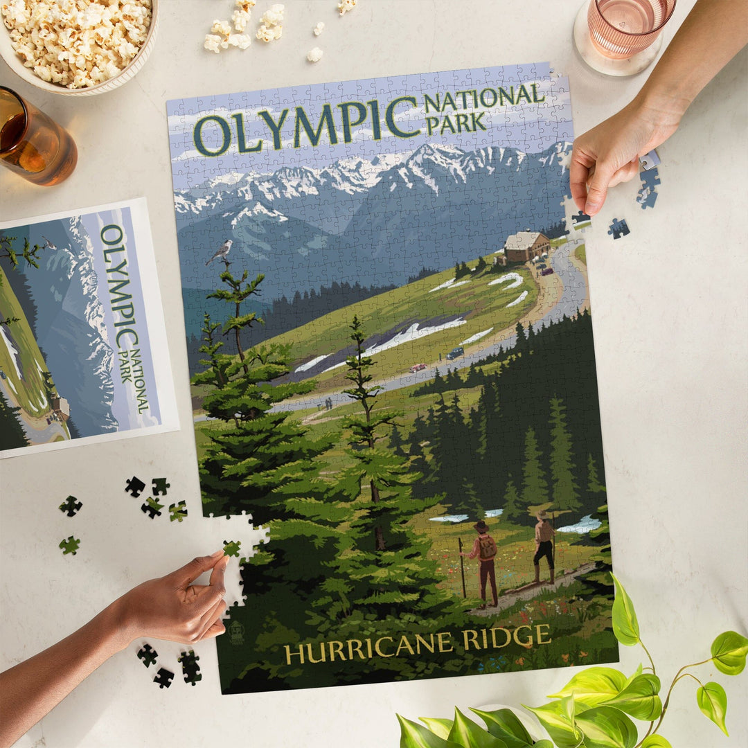Olympic National Park, Washington, Hurricane Ridge and Hikers Illustration, Jigsaw Puzzle Puzzle Lantern Press 
