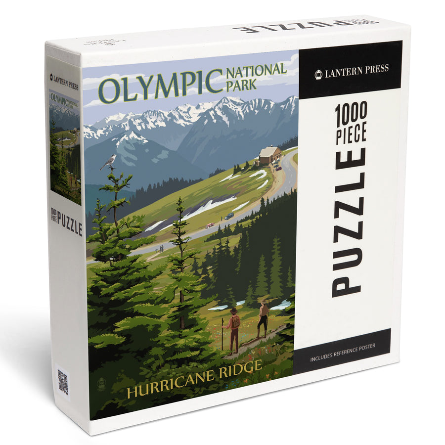 Olympic National Park, Washington, Hurricane Ridge and Hikers Illustration, Jigsaw Puzzle Puzzle Lantern Press 
