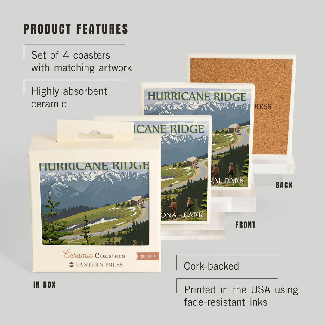 Olympic National Park, Washington, Hurricane Ridge and Hikers, Lantern Press Artwork, Coaster Set Coasters Lantern Press 