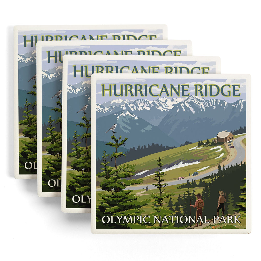 Olympic National Park, Washington, Hurricane Ridge and Hikers, Lantern Press Artwork, Coaster Set Coasters Lantern Press 