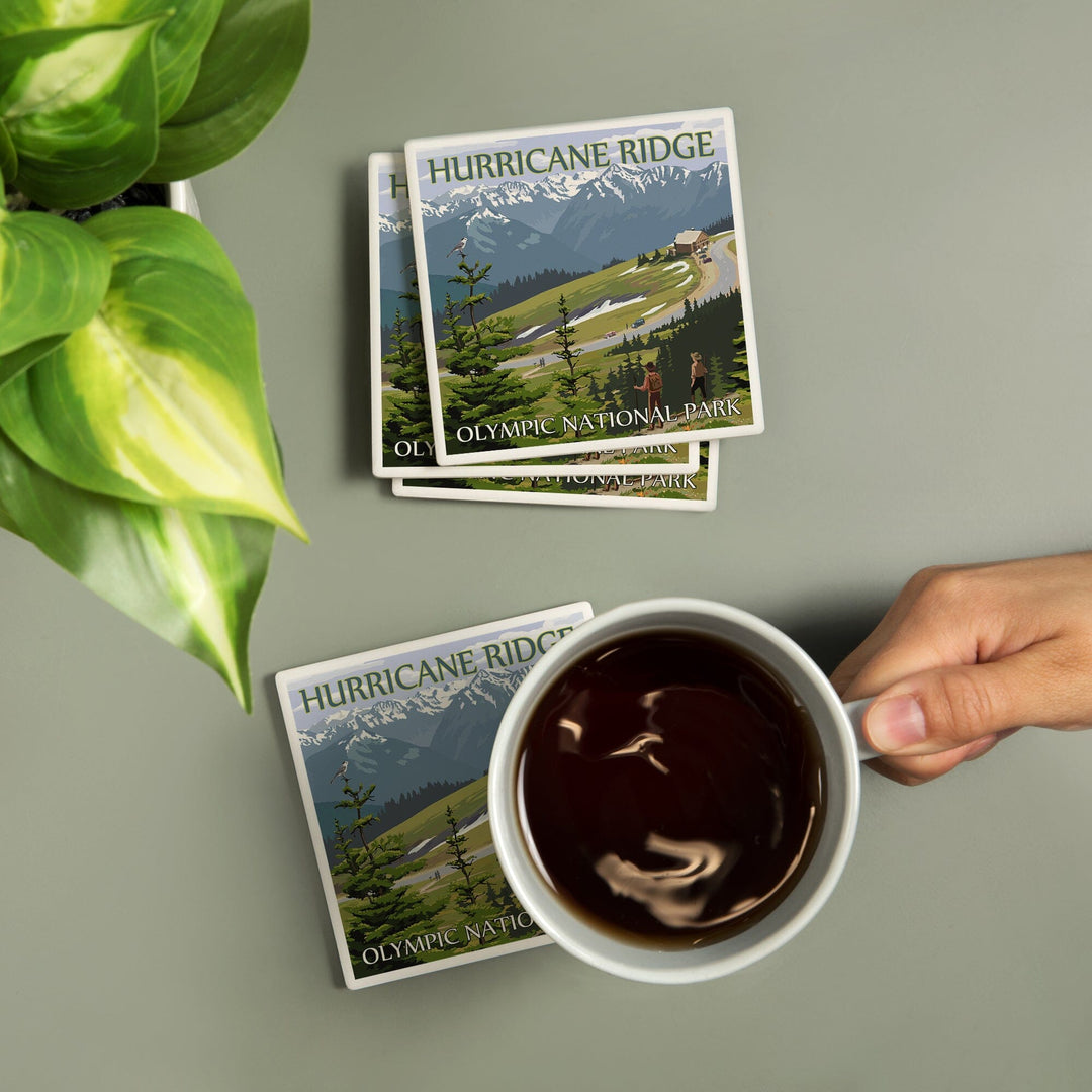 Olympic National Park, Washington, Hurricane Ridge and Hikers, Lantern Press Artwork, Coaster Set Coasters Lantern Press 