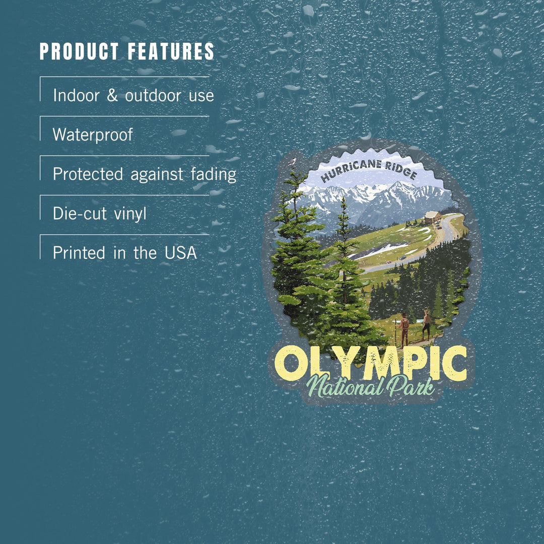 Olympic National Park, Washington, Hurricane Ridge & Hikers, Contour, Lantern Press Artwork, Vinyl Sticker Sticker Lantern Press 