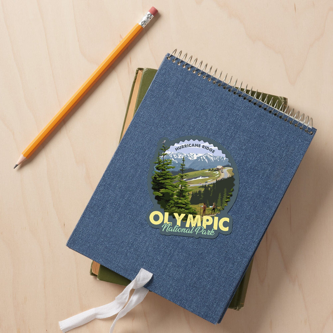Olympic National Park, Washington, Hurricane Ridge & Hikers, Contour, Lantern Press Artwork, Vinyl Sticker Sticker Lantern Press 