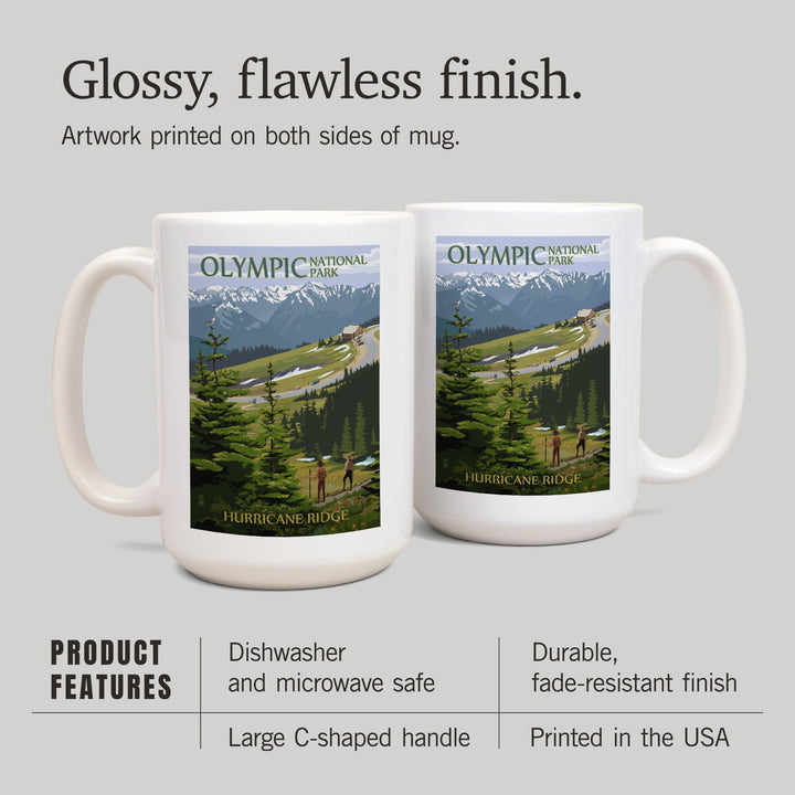 Olympic National Park, Washington, Hurricane Ridge & Hikers Illustration, Lantern Press Artwork, Ceramic Mug Mugs Lantern Press 