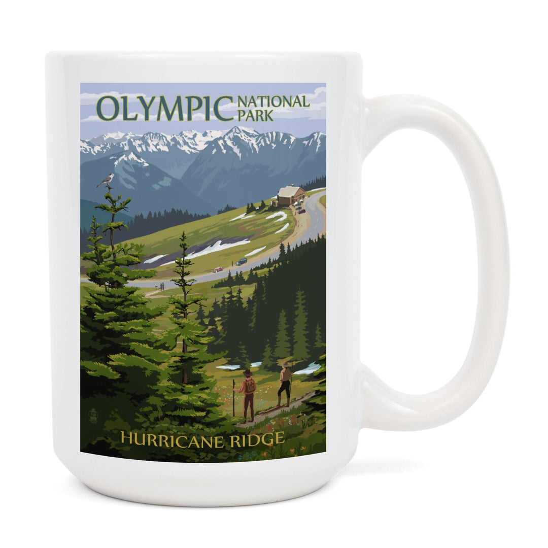 Olympic National Park, Washington, Hurricane Ridge & Hikers Illustration, Lantern Press Artwork, Ceramic Mug Mugs Lantern Press 