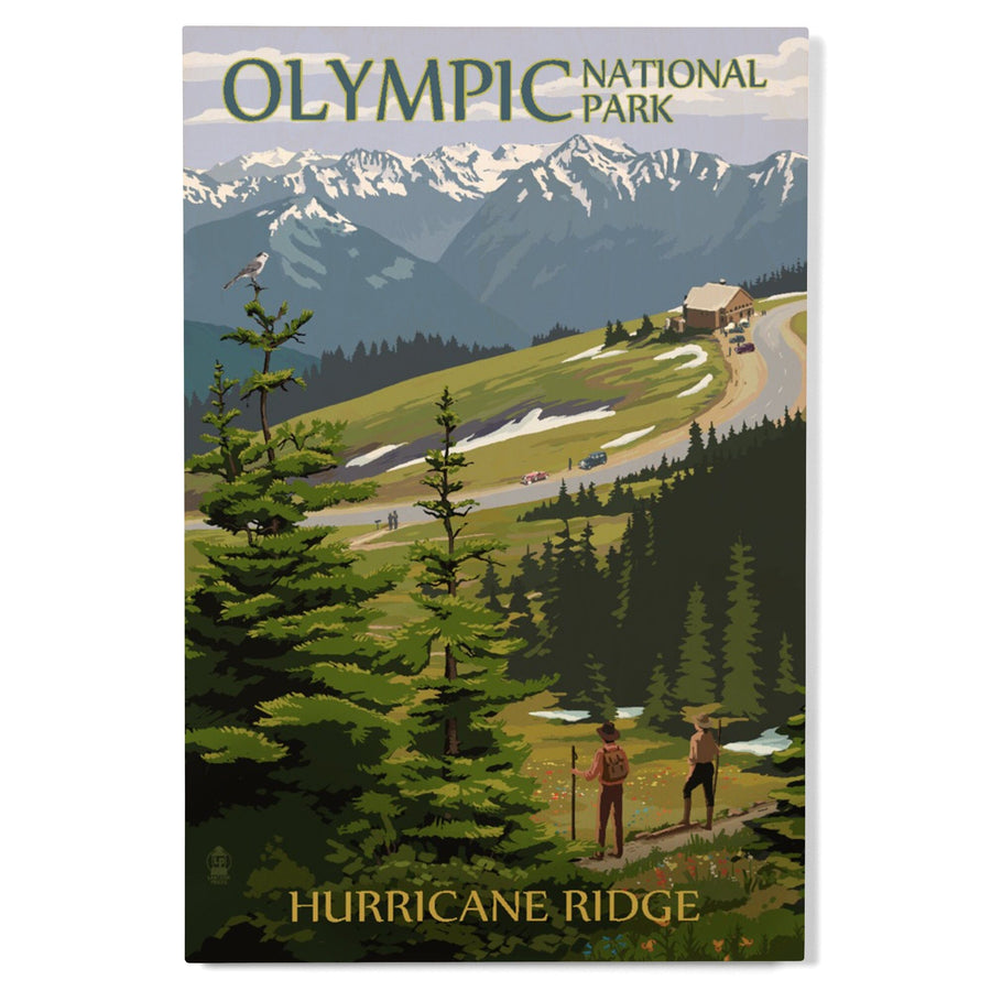 Olympic National Park, Washington, Hurricane Ridge & Hikers Illustration, Lantern Press Artwork, Wood Signs and Postcards Wood Lantern Press 