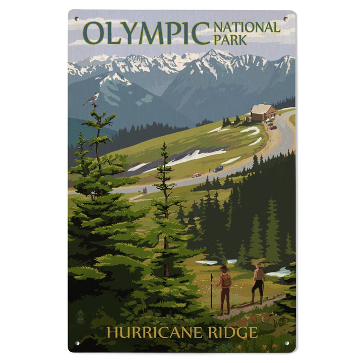Olympic National Park, Washington, Hurricane Ridge & Hikers Illustration, Lantern Press Artwork, Wood Signs and Postcards Wood Lantern Press 