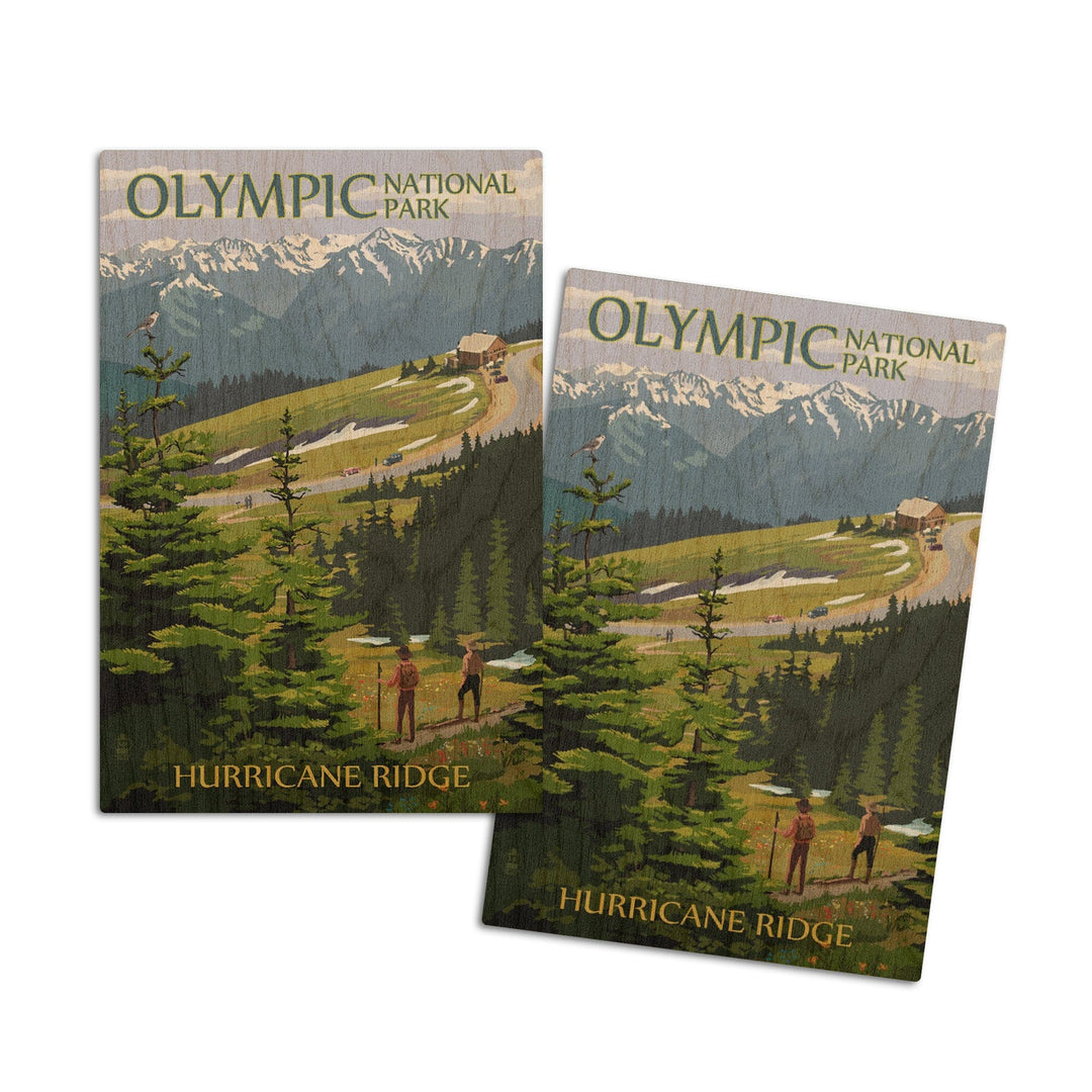 Olympic National Park, Washington, Hurricane Ridge & Hikers Illustration, Lantern Press Artwork, Wood Signs and Postcards Wood Lantern Press 4x6 Wood Postcard Set 