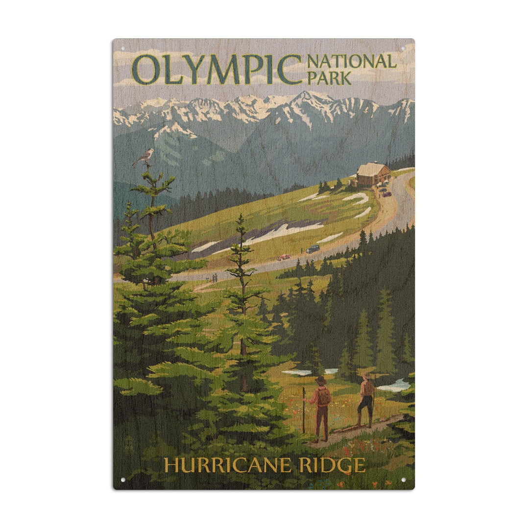 Olympic National Park, Washington, Hurricane Ridge & Hikers Illustration, Lantern Press Artwork, Wood Signs and Postcards Wood Lantern Press 6x9 Wood Sign 