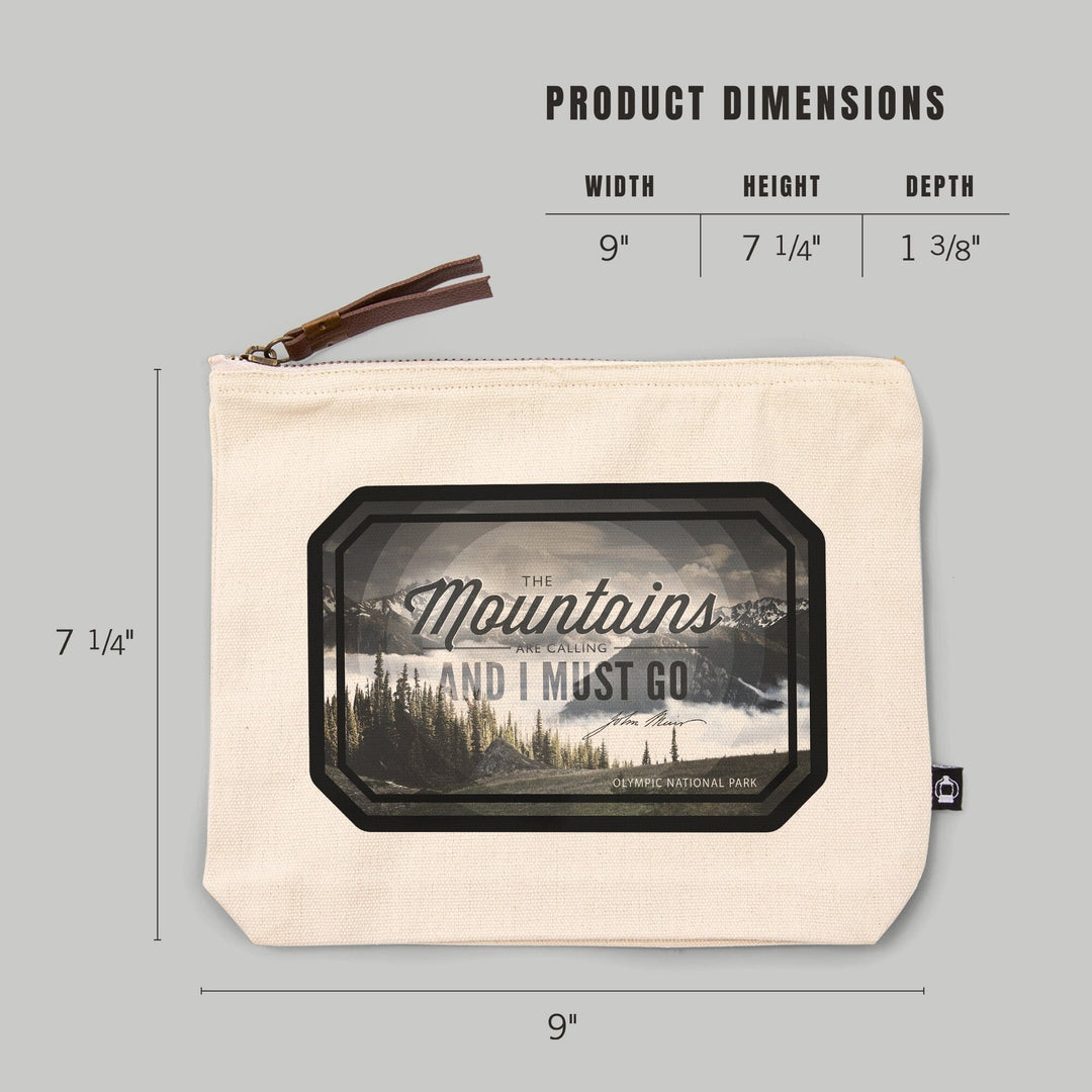 Olympic National Park, Washington, John Muir, The Mountains are Calling,, Organic Cotton Zipper Pouch, Go Bag Go Bag Lantern Press 