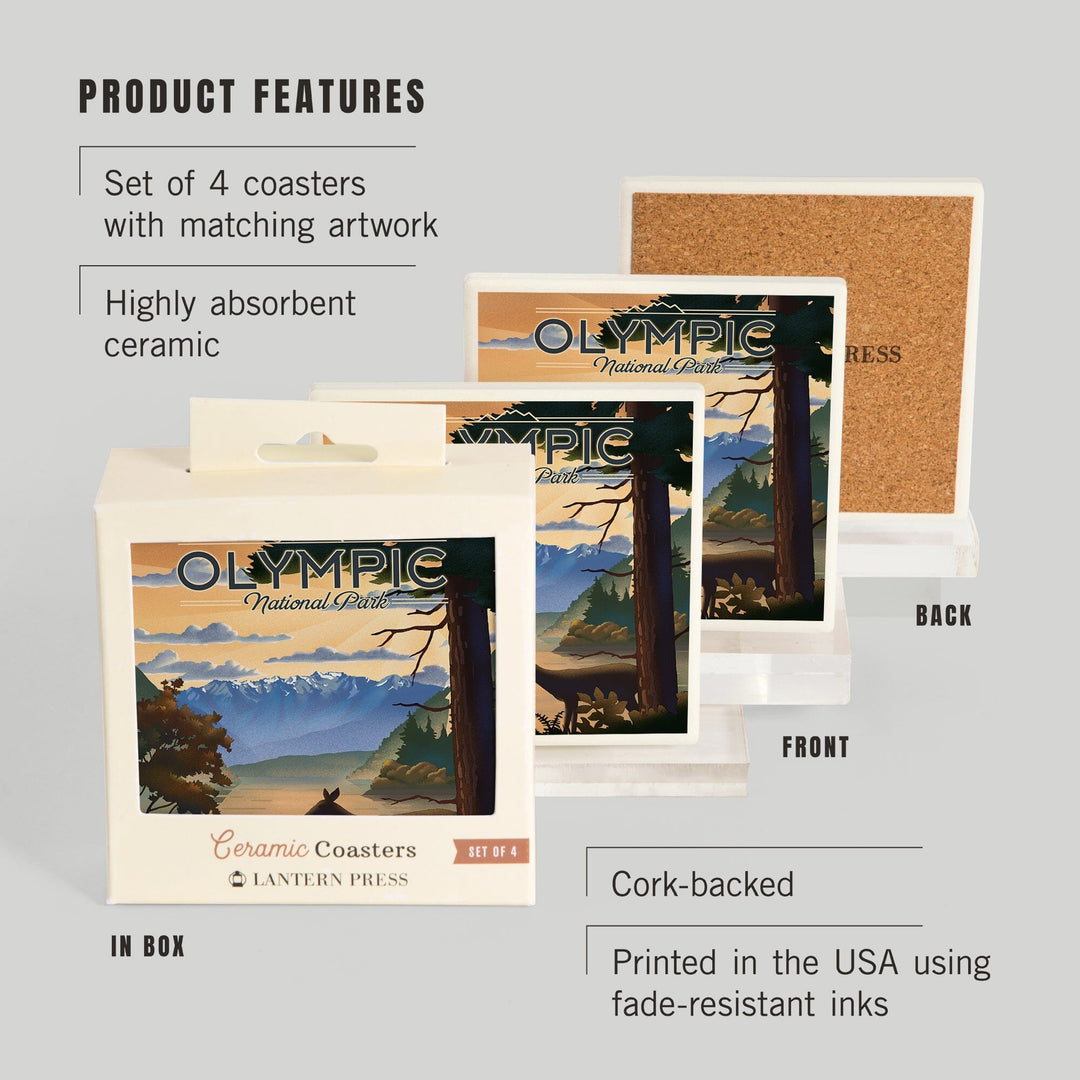 Olympic National Park, Washington, Lake Crescent, Lithograph, Coasters Coasters Lantern Press 