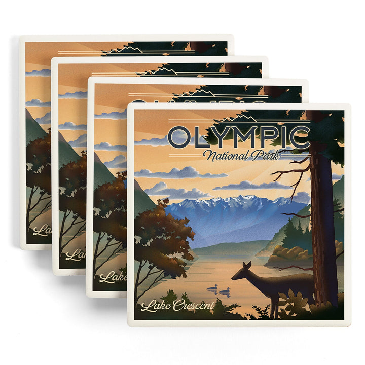 Olympic National Park, Washington, Lake Crescent, Lithograph, Coasters Coasters Lantern Press 