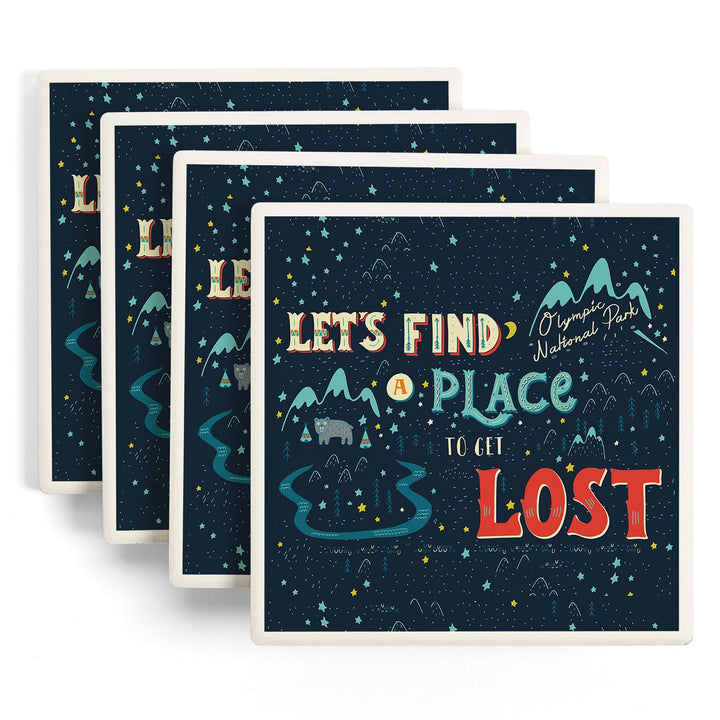 Olympic National Park, Washington, Let's Find a Place to Get Lost, Artwork, Coaster Set Coasters Lantern Press 