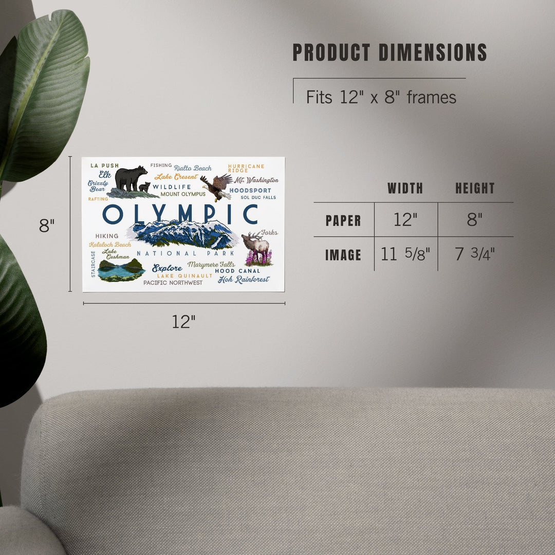 Olympic National Park, Washington, Mountain Range, Typography and Icons, Art & Giclee Prints Art Lantern Press 