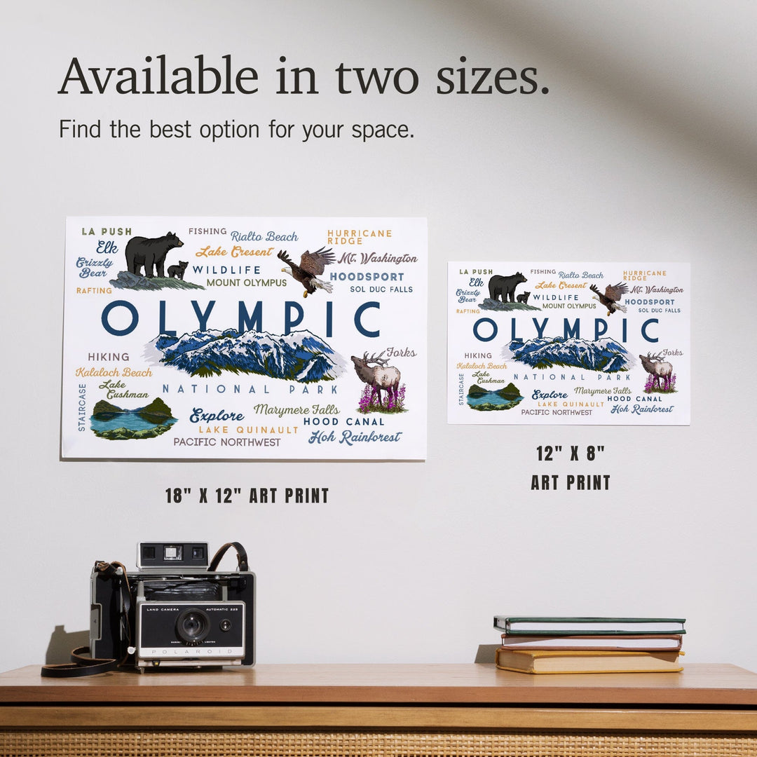 Olympic National Park, Washington, Mountain Range, Typography and Icons, Art & Giclee Prints Art Lantern Press 