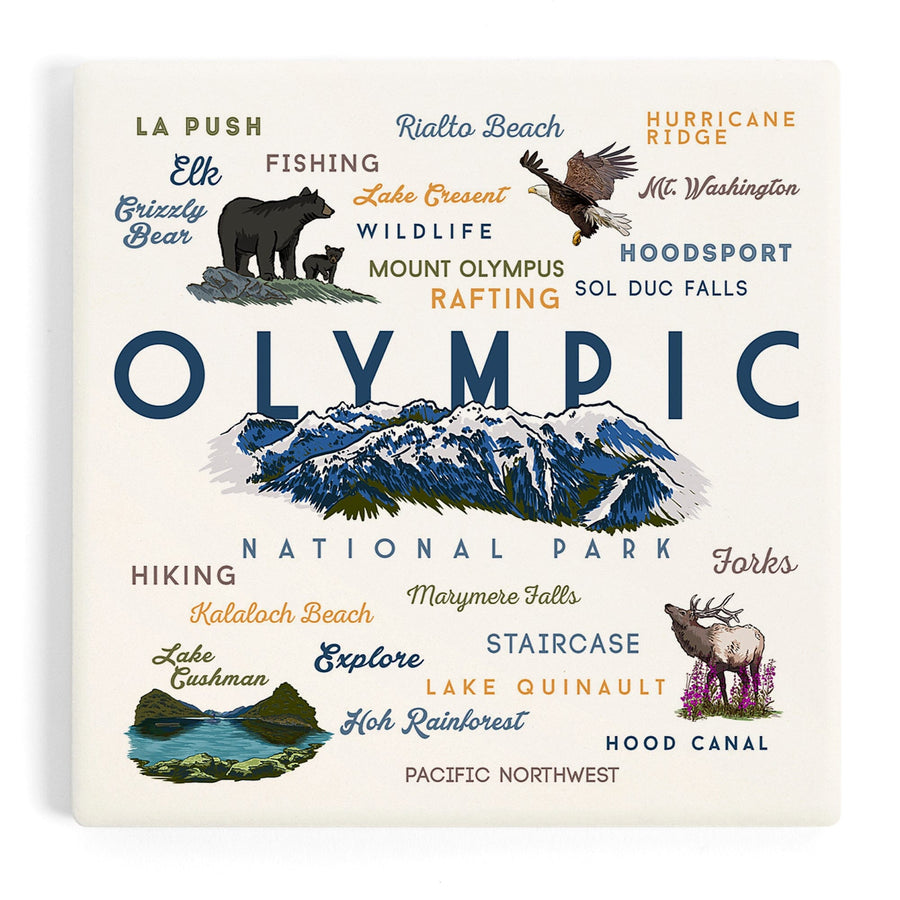 Olympic National Park, Washington, Mountain Range, Typography and Icons, Coasters Coasters Lantern Press 