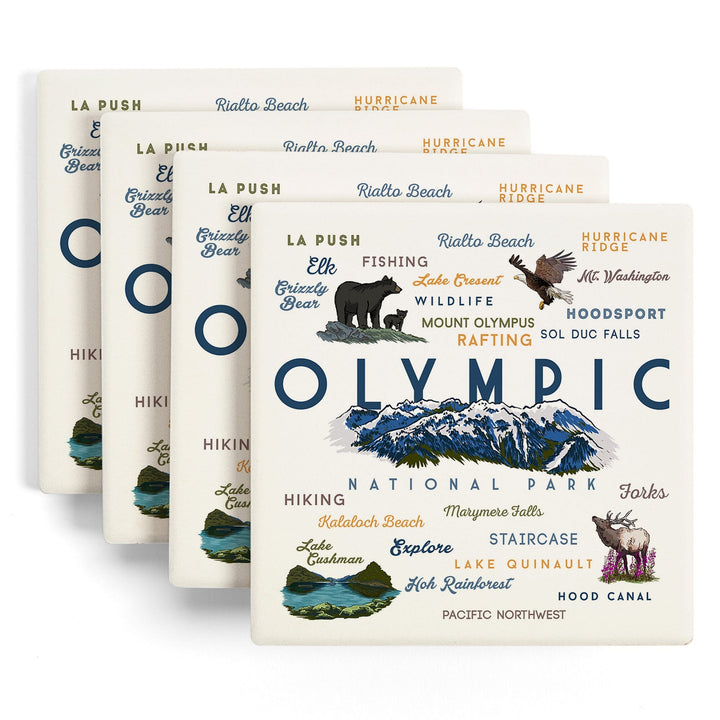 Olympic National Park, Washington, Mountain Range, Typography and Icons, Coasters Coasters Lantern Press 