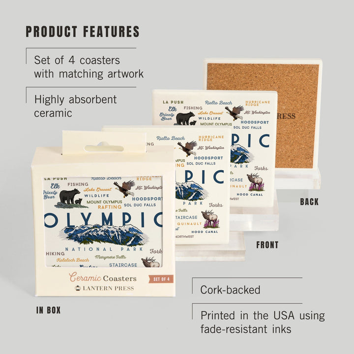 Olympic National Park, Washington, Mountain Range, Typography and Icons, Coasters Coasters Lantern Press 
