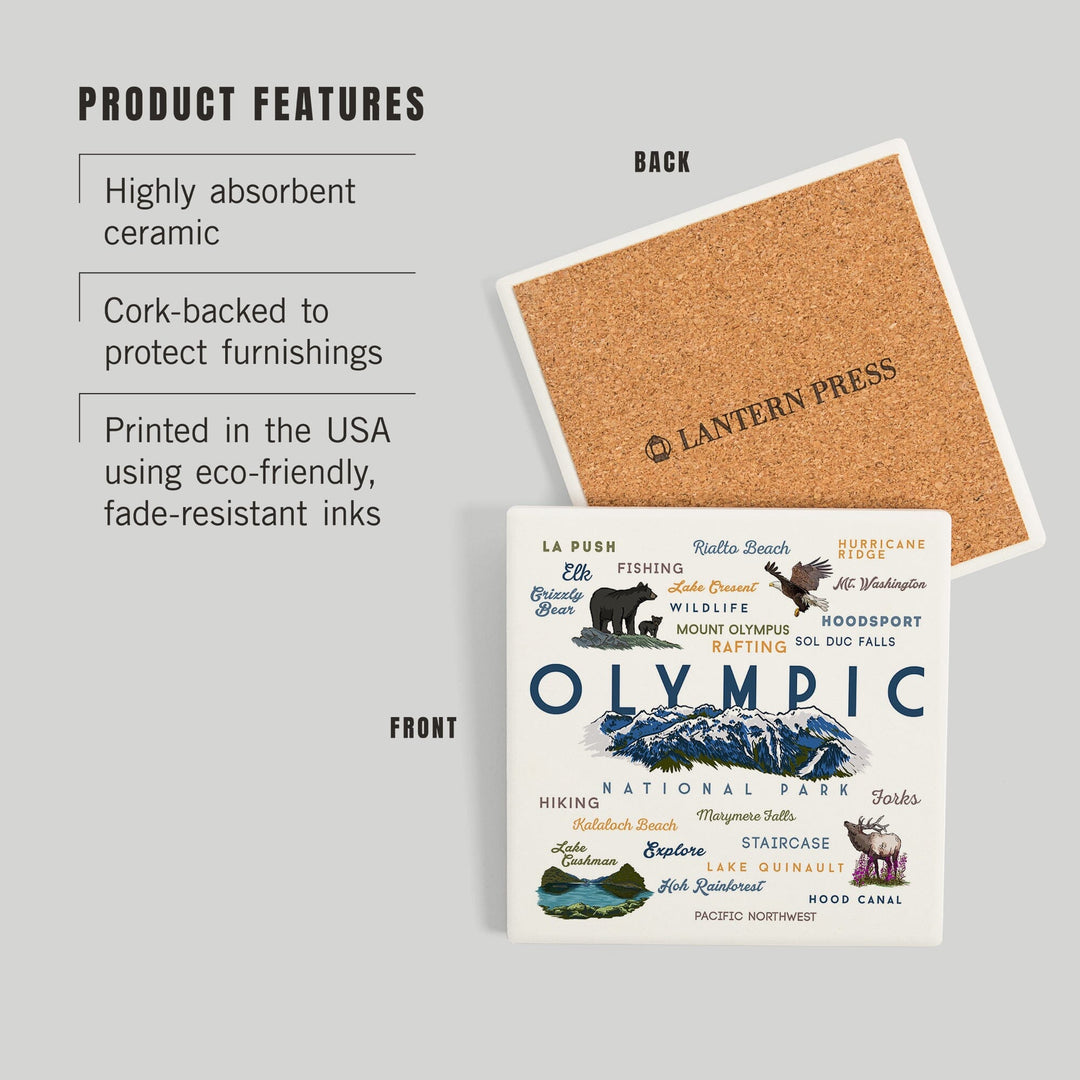 Olympic National Park, Washington, Mountain Range, Typography and Icons, Coasters Coasters Lantern Press 