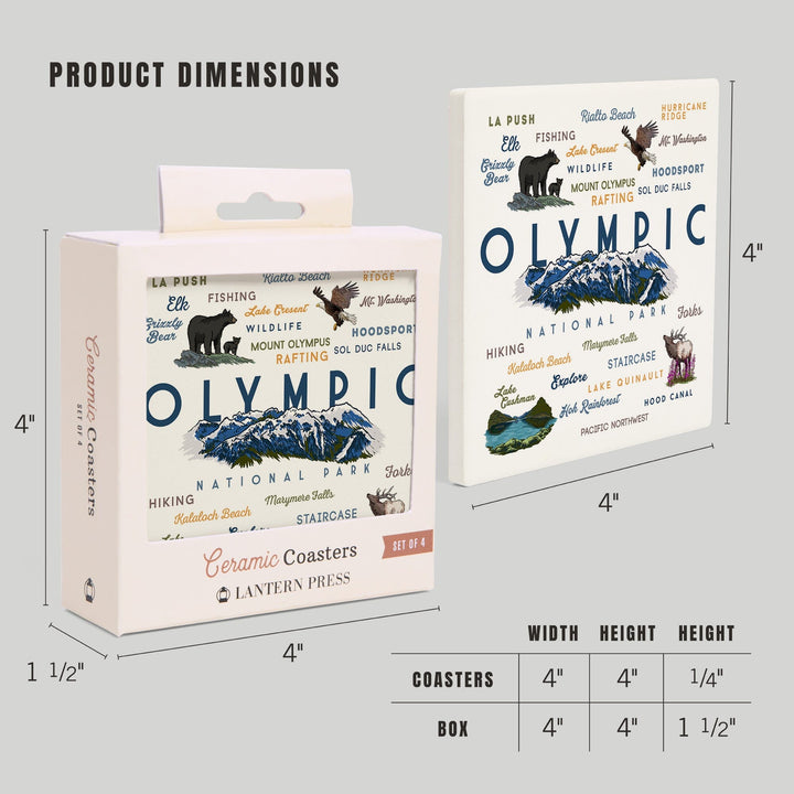 Olympic National Park, Washington, Mountain Range, Typography and Icons, Coasters Coasters Lantern Press 