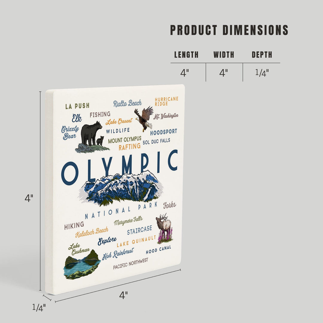 Olympic National Park, Washington, Mountain Range, Typography and Icons, Coasters Coasters Lantern Press 