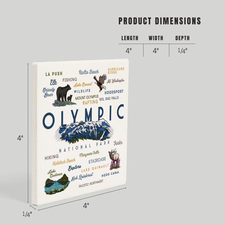 Olympic National Park, Washington, Mountain Range, Typography and Icons, Coasters Coasters Lantern Press 
