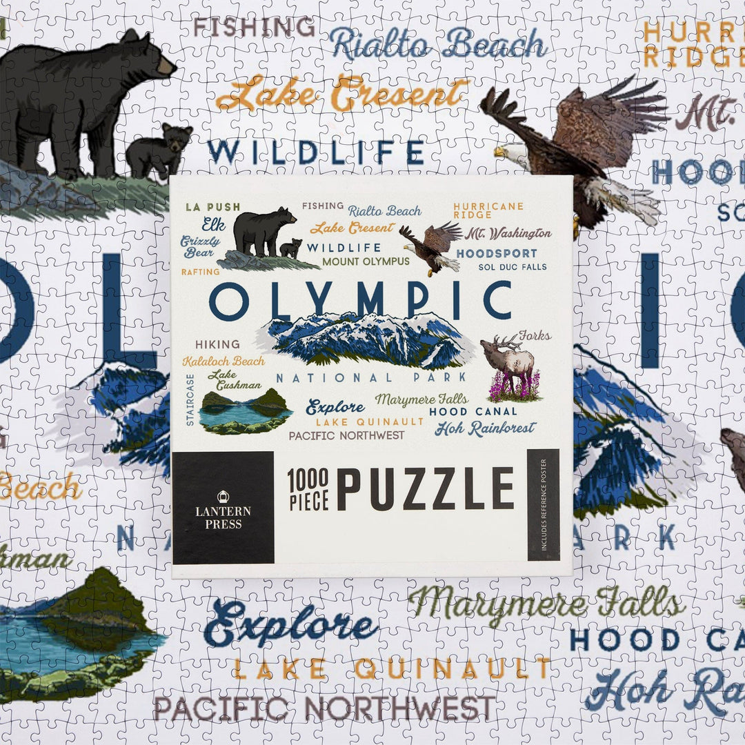 Olympic National Park, Washington, Mountain Range, Typography and Icons, Jigsaw Puzzle Puzzle Lantern Press 