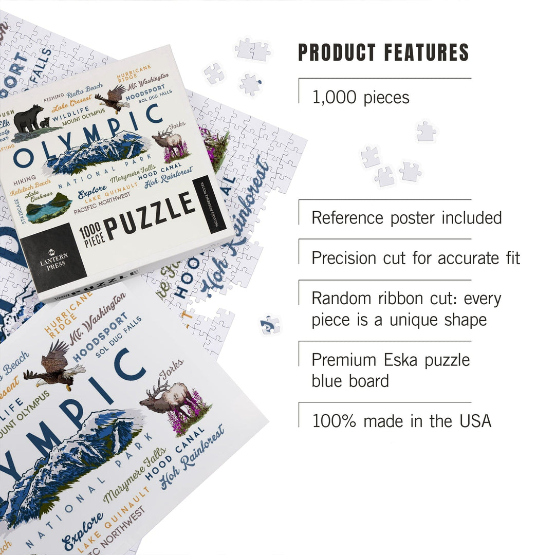 Olympic National Park, Washington, Mountain Range, Typography and Icons, Jigsaw Puzzle Puzzle Lantern Press 