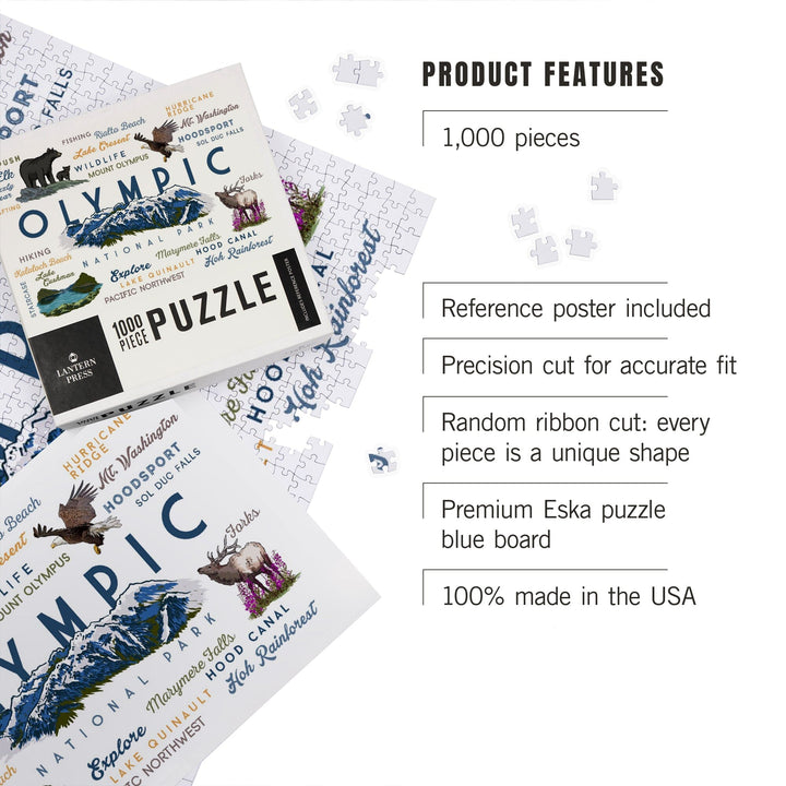 Olympic National Park, Washington, Mountain Range, Typography and Icons, Jigsaw Puzzle Puzzle Lantern Press 