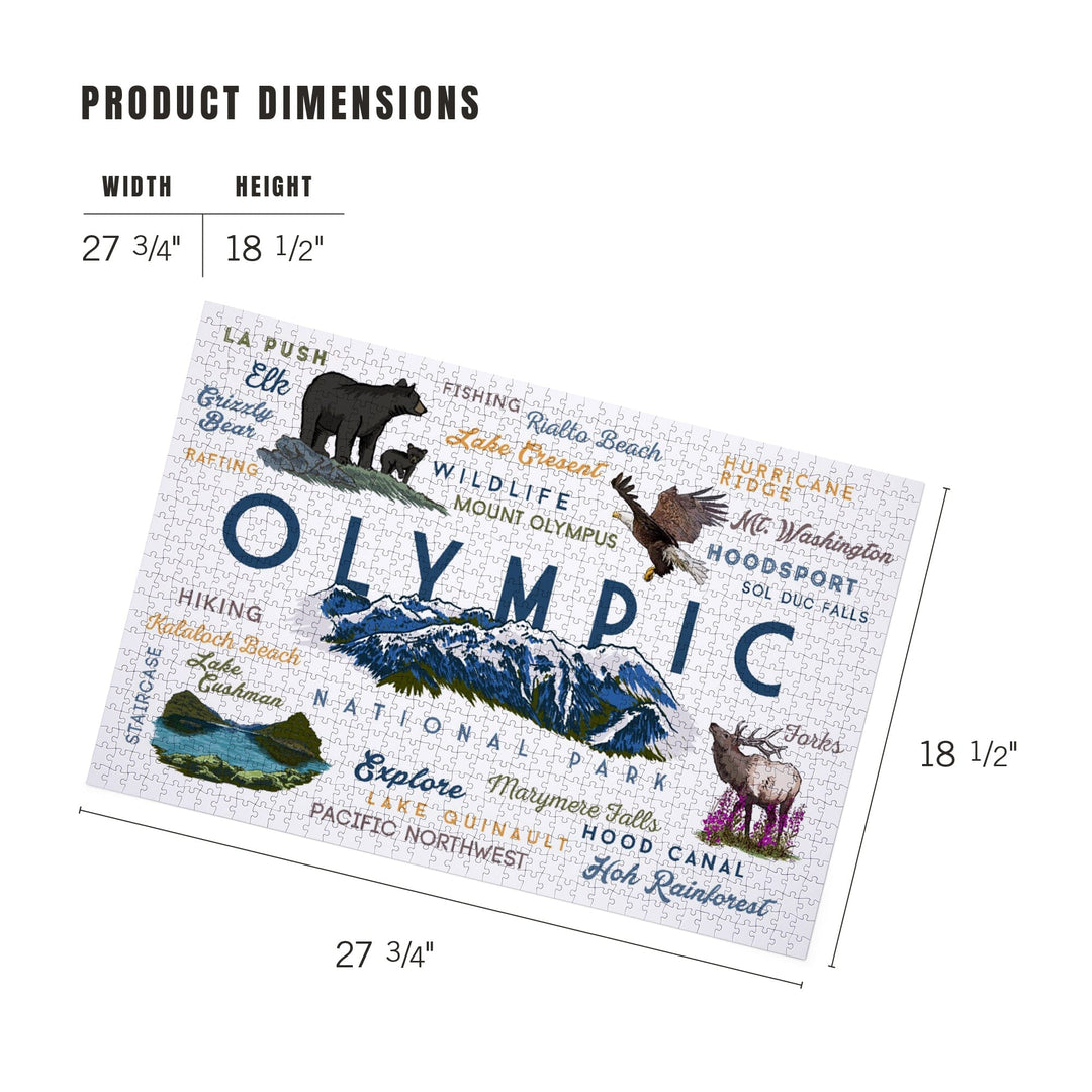 Olympic National Park, Washington, Mountain Range, Typography and Icons, Jigsaw Puzzle Puzzle Lantern Press 