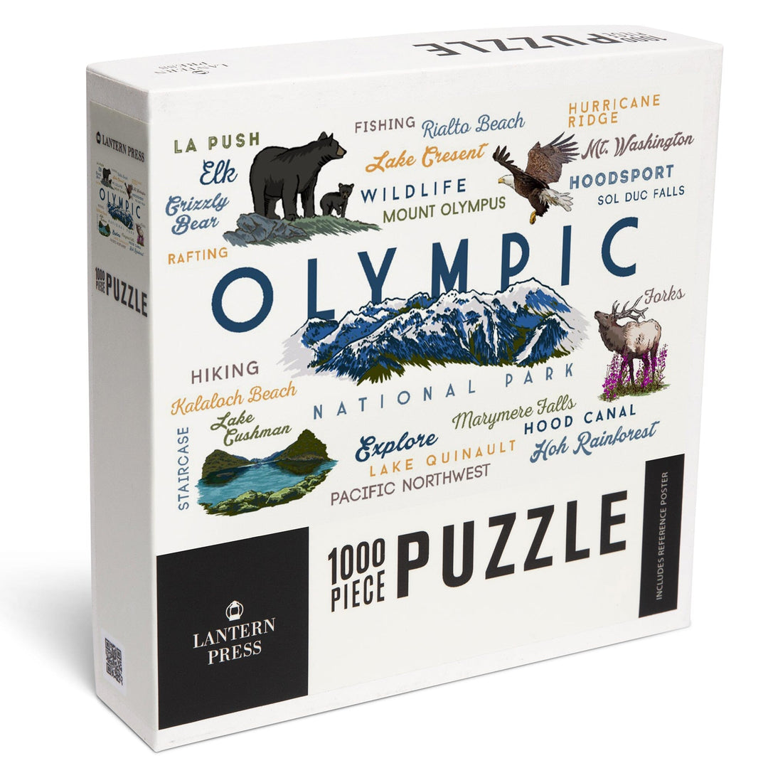 Olympic National Park, Washington, Mountain Range, Typography and Icons, Jigsaw Puzzle Puzzle Lantern Press 