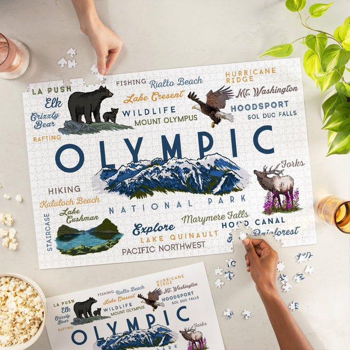 Olympic National Park, Washington, Mountain Range, Typography and Icons, Jigsaw Puzzle Puzzle Lantern Press 