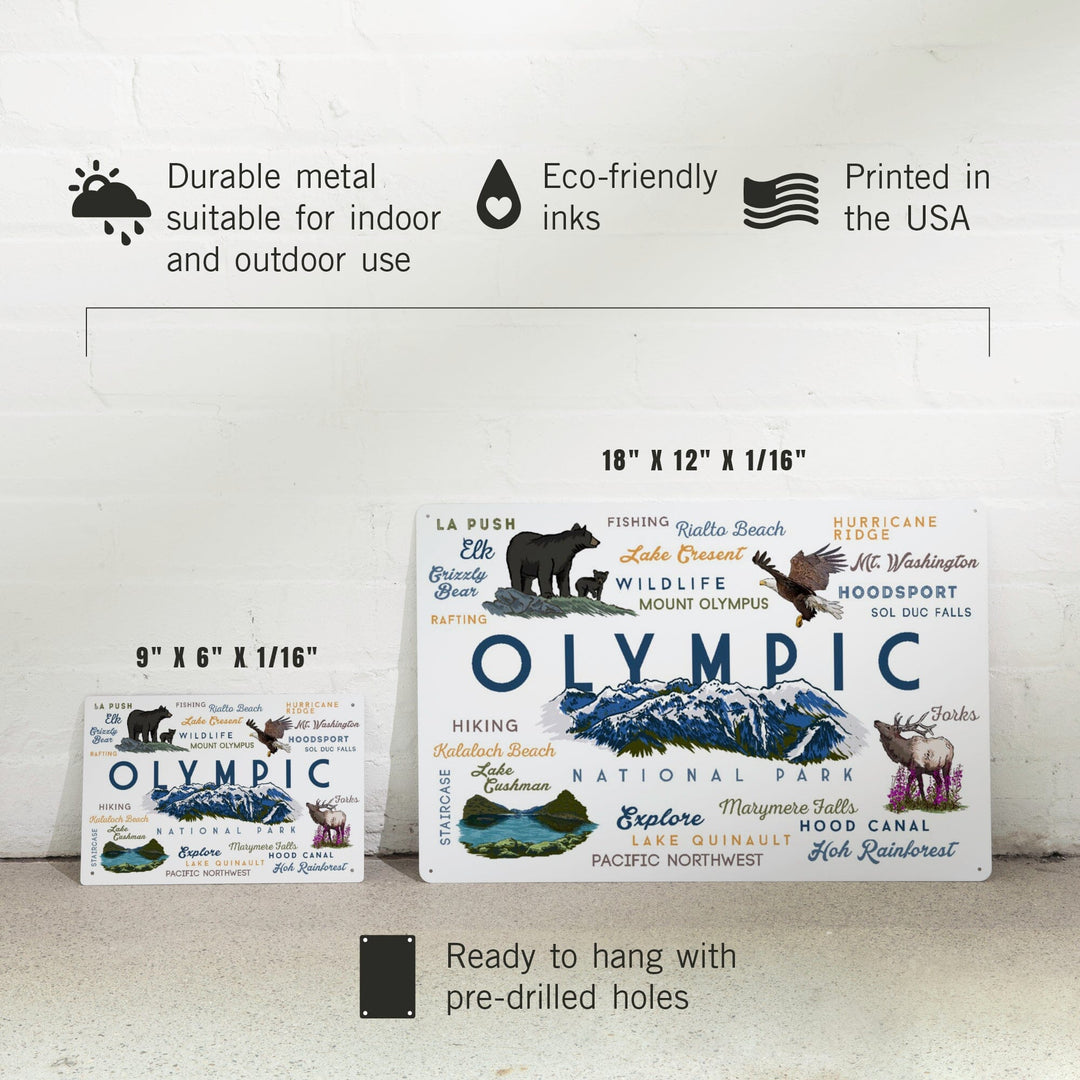 Olympic National Park, Washington, Mountain Range, Typography and Icons, Metal Signs Metal Lantern Press 