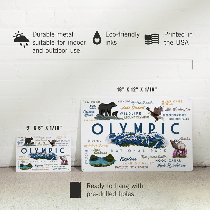 Olympic National Park, Washington, Mountain Range, Typography and Icons, Metal Signs Metal Lantern Press 