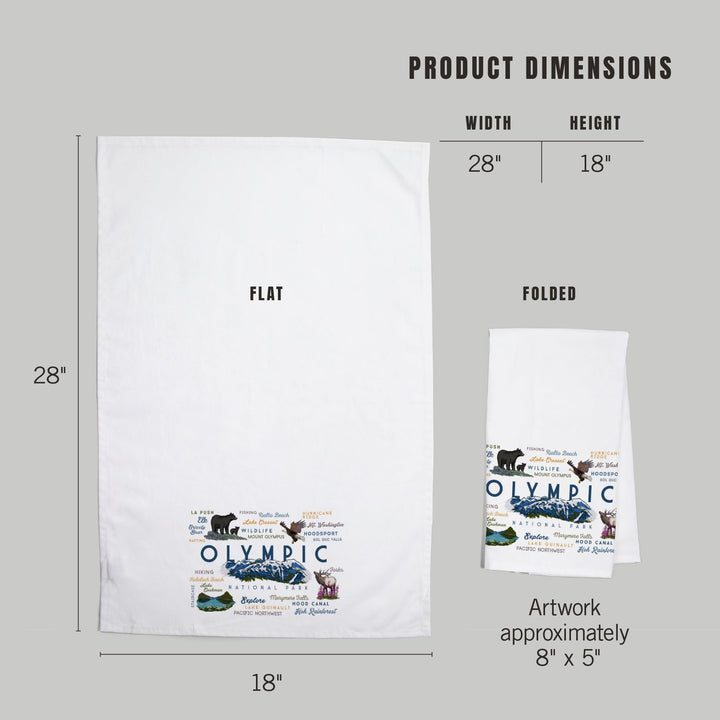 Olympic National Park, Washington, Mountain Range, Typography and Icons, Organic Cotton Kitchen Tea Towels Kitchen Lantern Press 