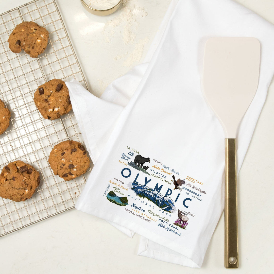 Olympic National Park, Washington, Mountain Range, Typography and Icons, Organic Cotton Kitchen Tea Towels Kitchen Lantern Press 