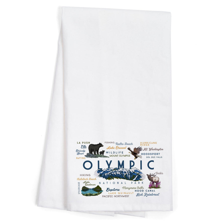 Olympic National Park, Washington, Mountain Range, Typography and Icons, Organic Cotton Kitchen Tea Towels Kitchen Lantern Press 