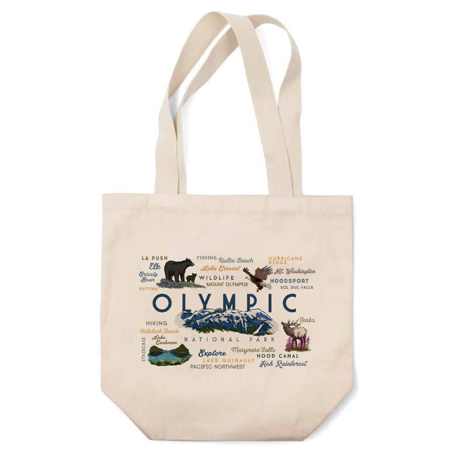 Olympic National Park, Washington, Mountain Range, Typography and Icons, Tote Bag Totes Lantern Press 