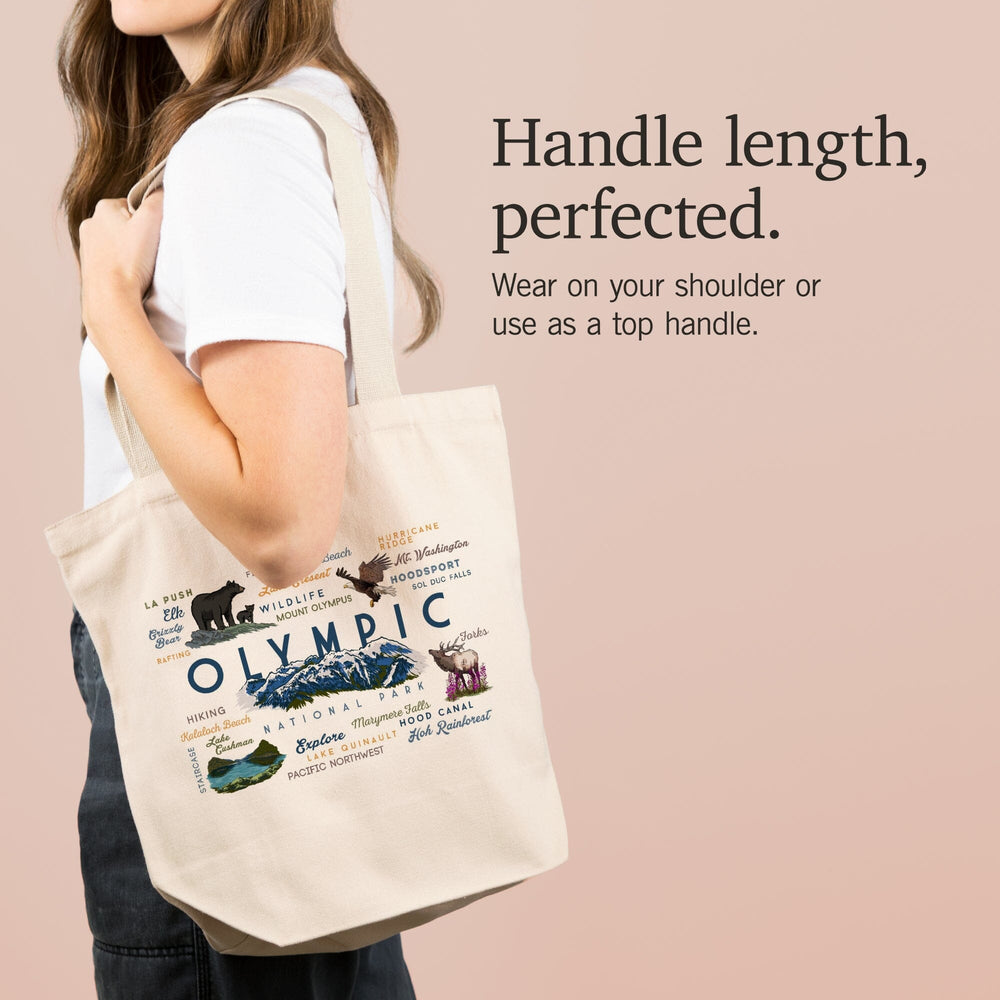 Olympic National Park, Washington, Mountain Range, Typography and Icons, Tote Bag Totes Lantern Press 